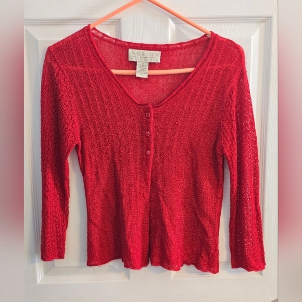 Norton McNaughton Women's Red Crochet Cardigan‎ Sweater Size Small
